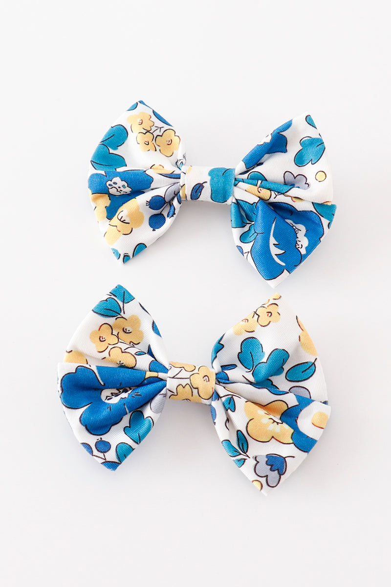 Blue floral print piggie hair bow Honeydew USA