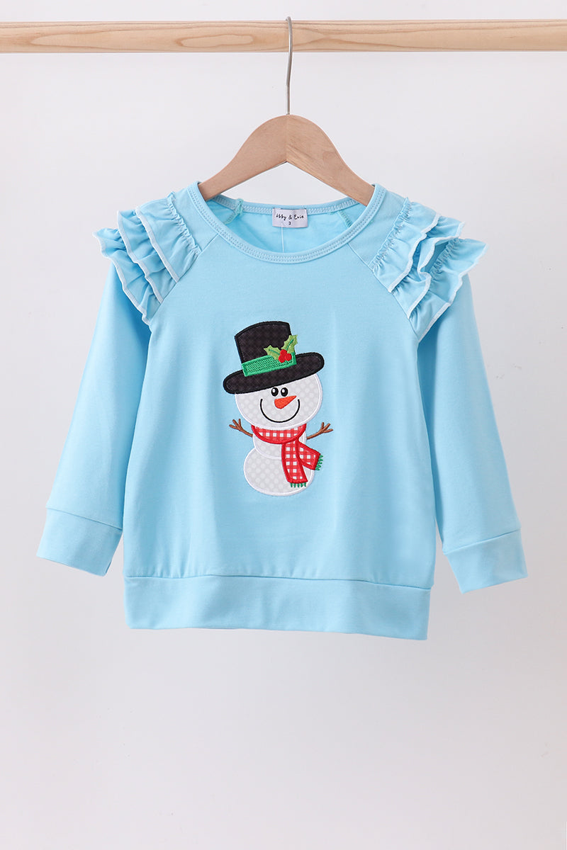 Blue snowman applique ruffle top