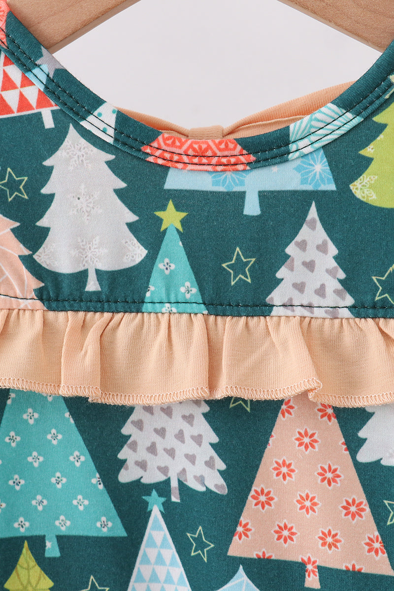 Green tree print ruffle romper