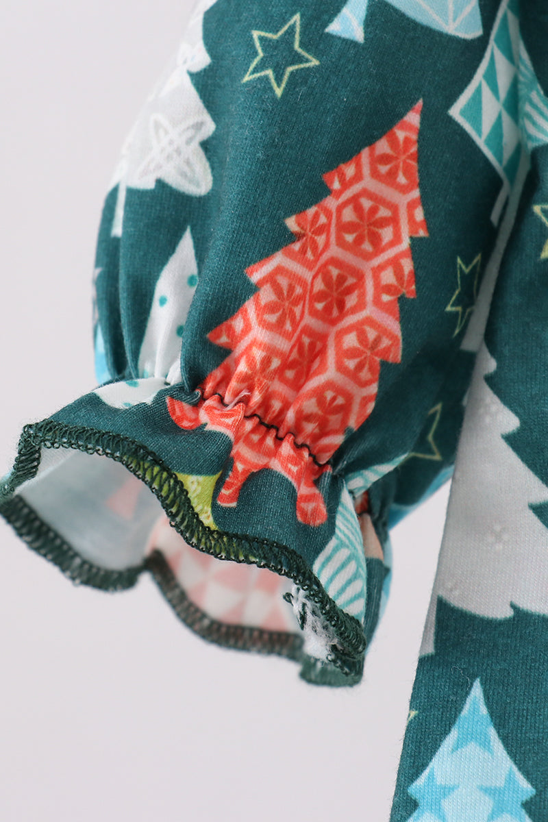 Green tree print ruffle romper