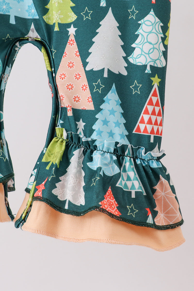 Green tree print ruffle romper