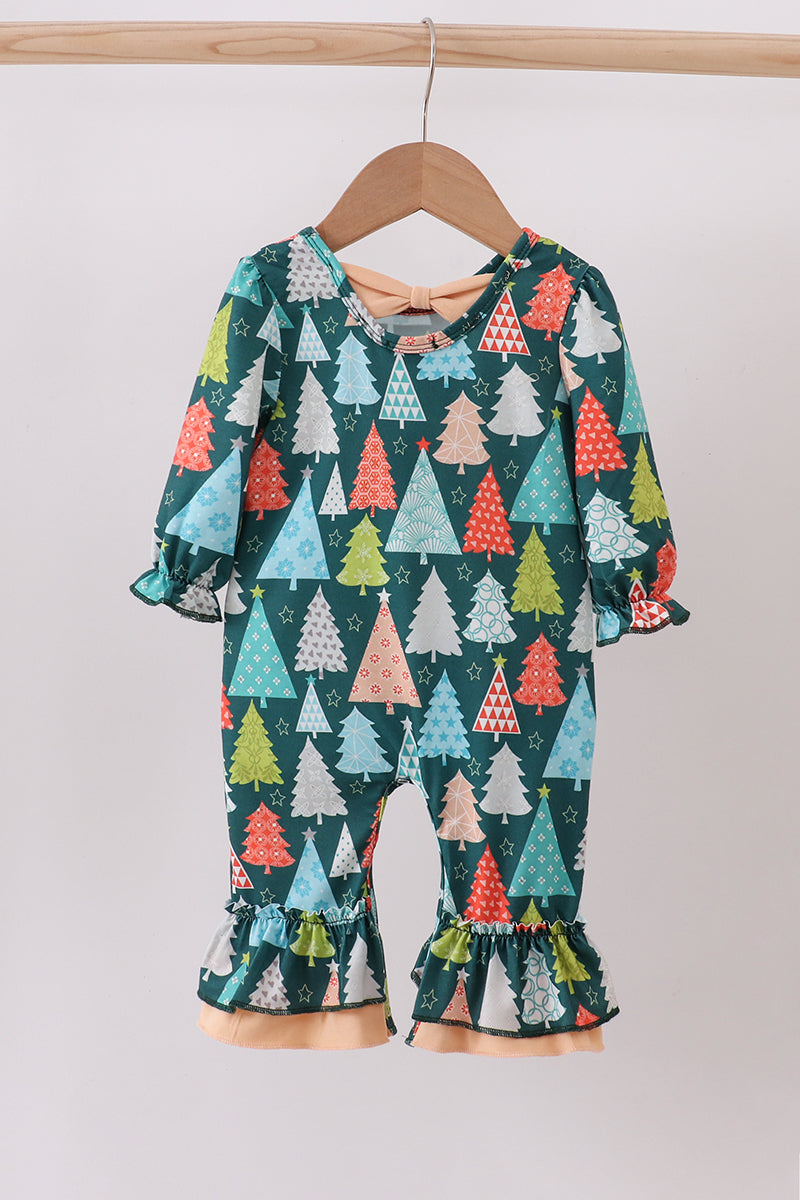 Green tree print ruffle romper