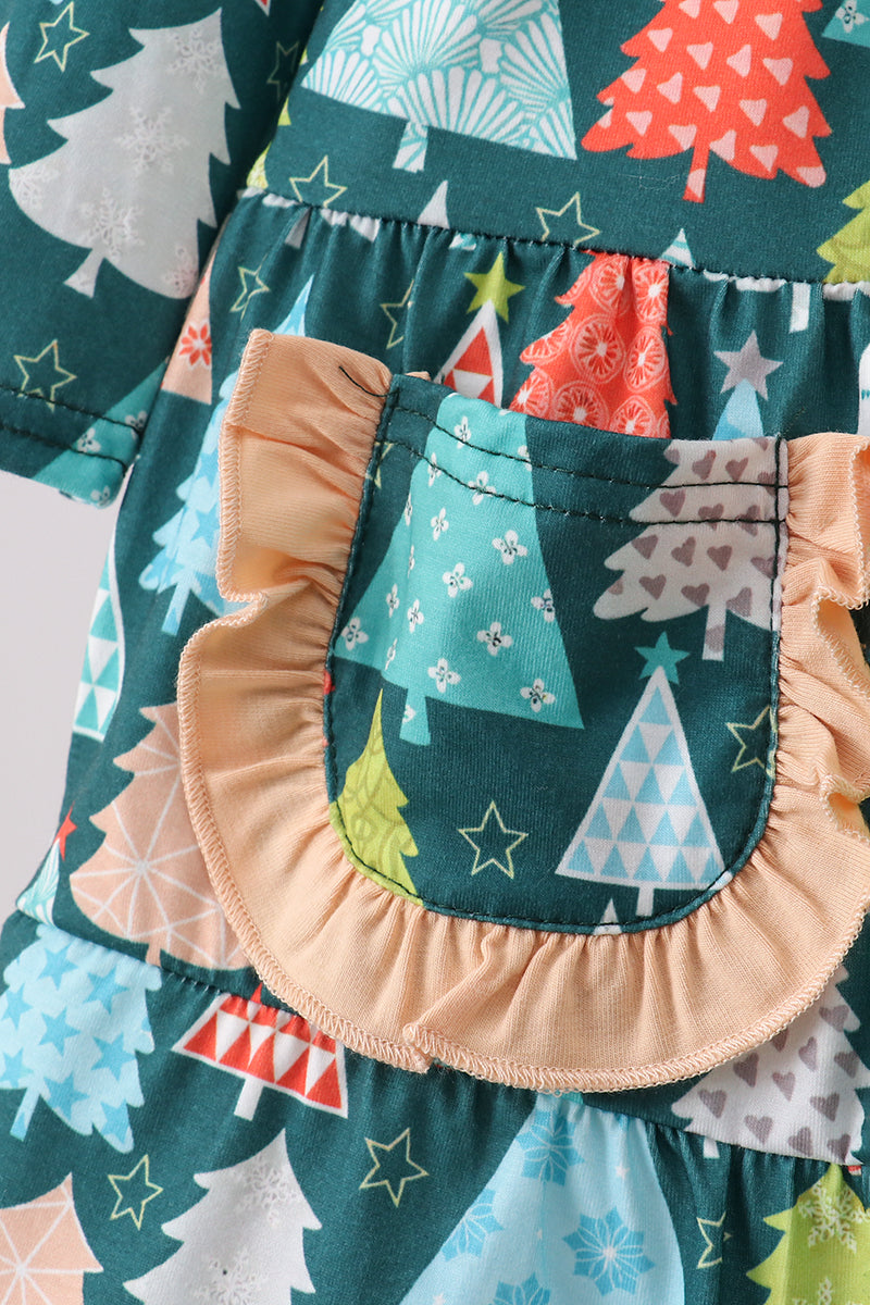 Green tree print ruffle dress