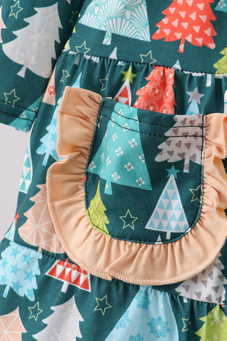 Green tree print ruffle dress