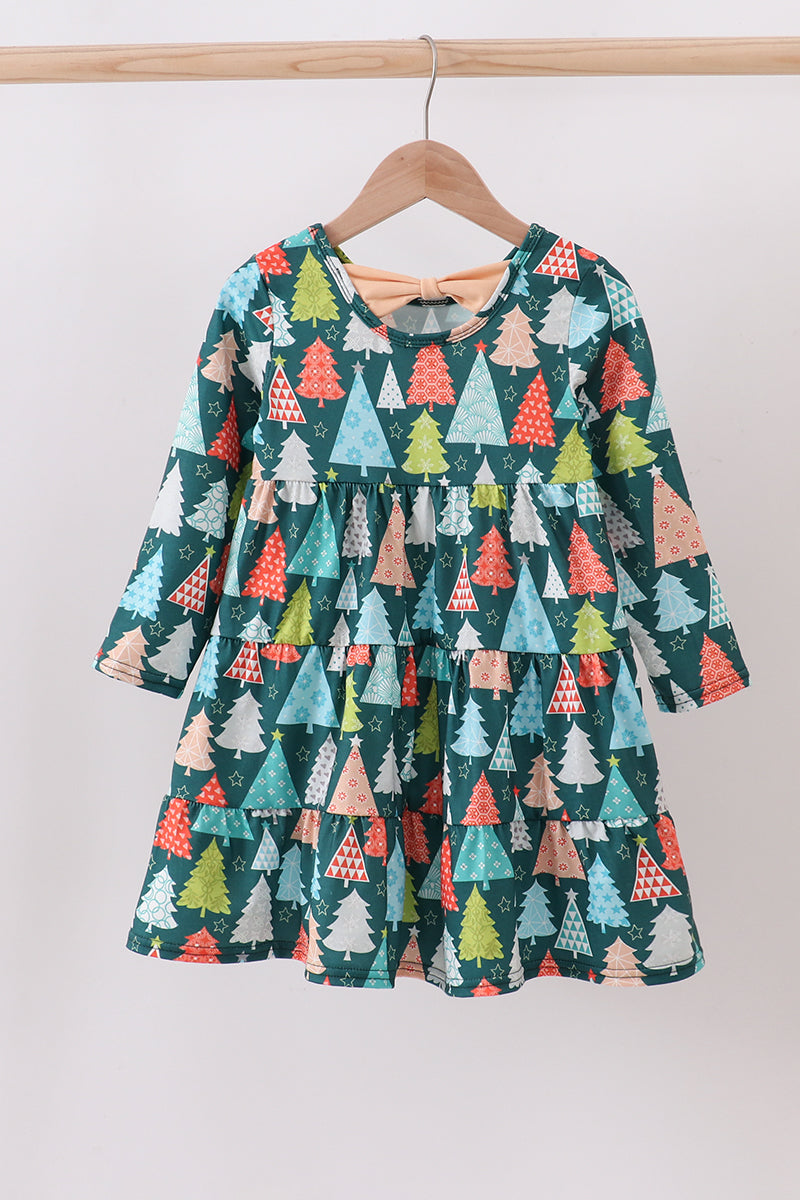Green tree print ruffle dress