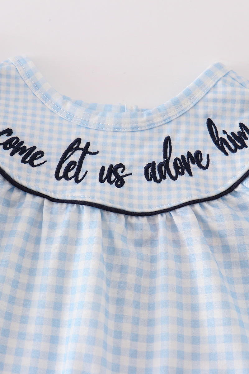 Navy plaid nativity embroidery girl romper