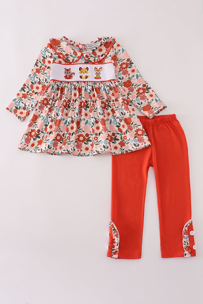 Fox embroidery floral print pants set