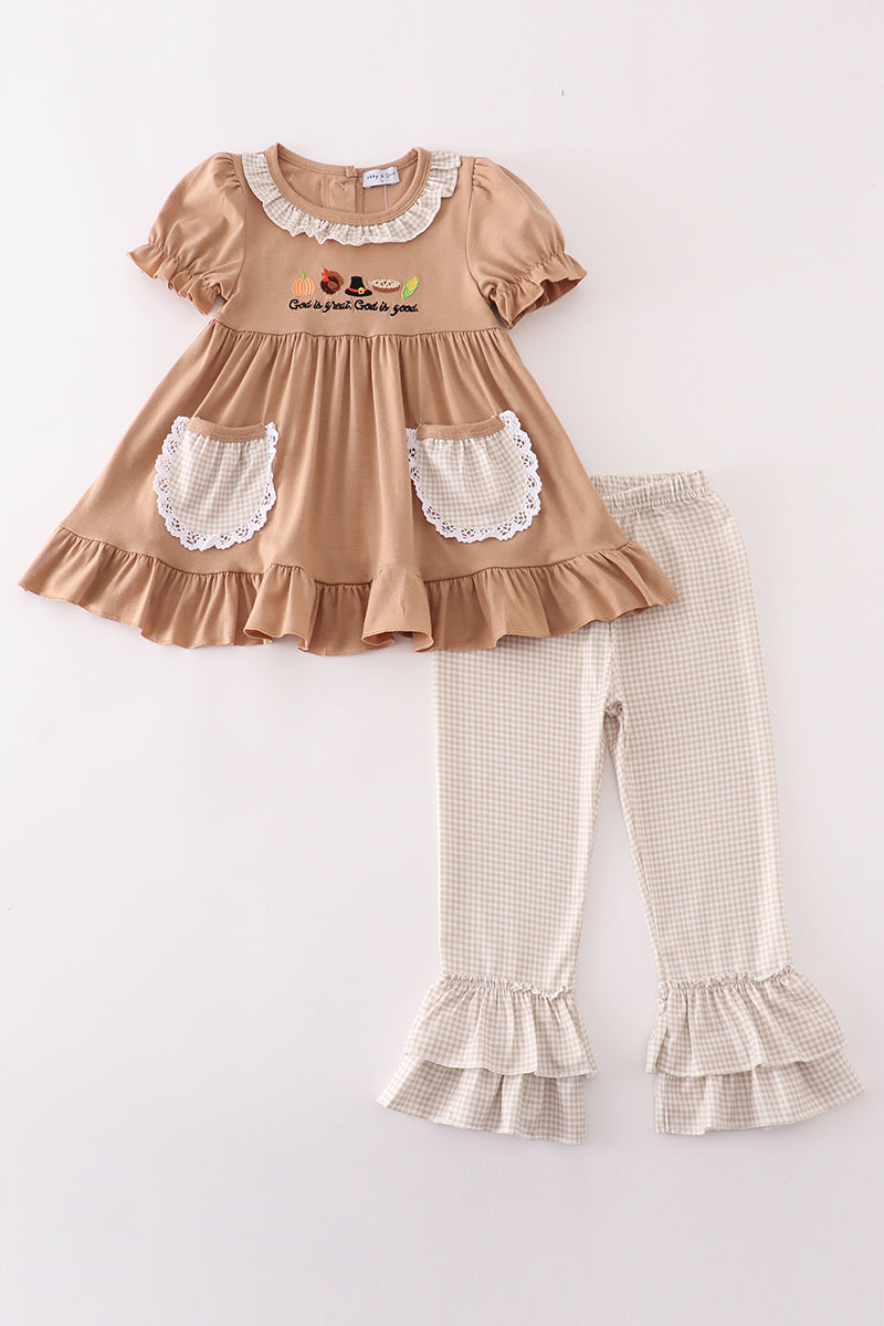 Khaki thanksgiving turkey god is great embroidery girl set