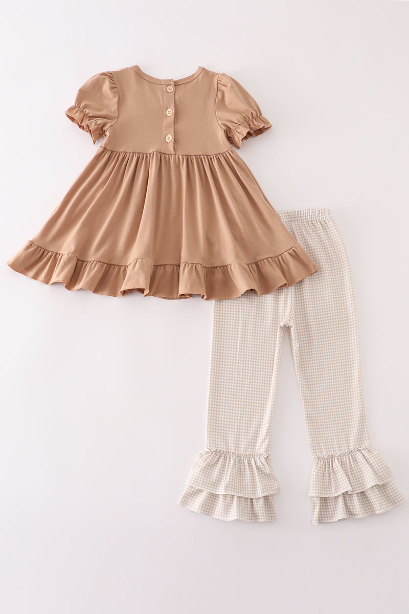 Khaki thanksgiving turkey god is great embroidery girl set