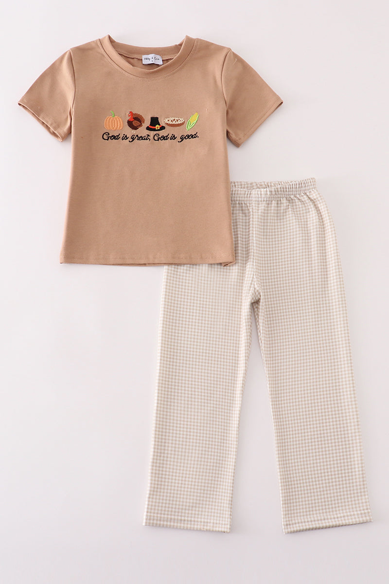 Khaki thanksgiving turkey god is great embroidery boy set
