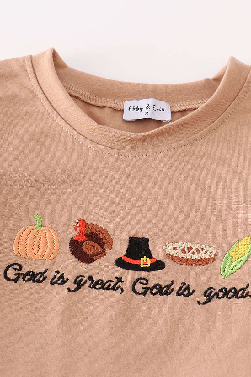 Khaki thanksgiving turkey god is great embroidery boy set