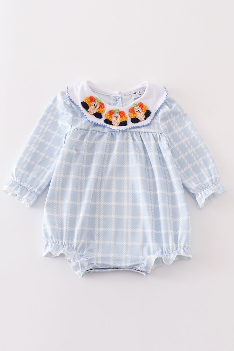 Teal thanksgiving turkey french knot plaid girl bubble
