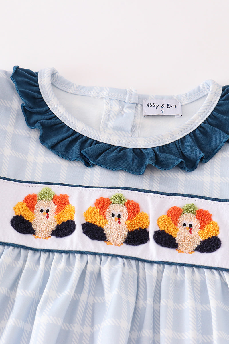 Teal thanksgiving turkey french knot plaid girl set