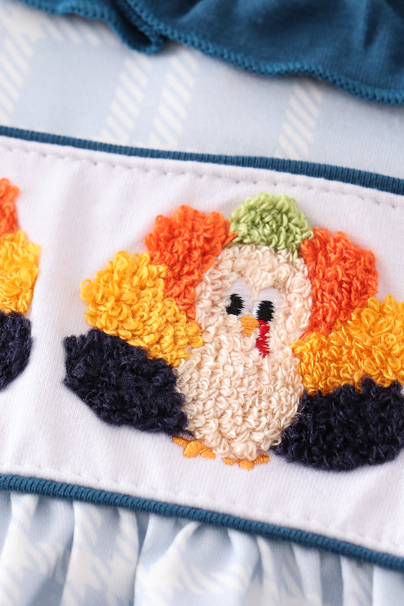Teal thanksgiving turkey french knot plaid girl set
