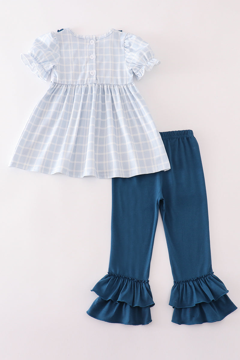 Teal thanksgiving turkey french knot plaid girl set