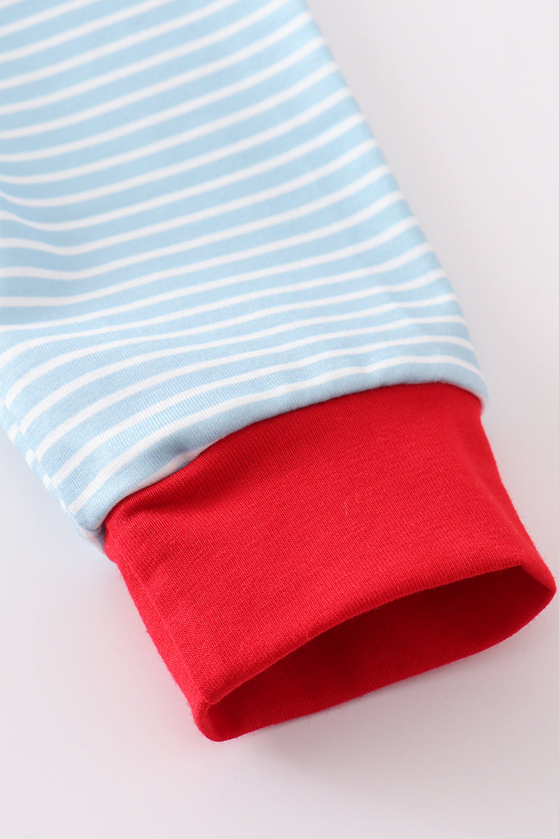 Blue stripe santa claus embroide boy set