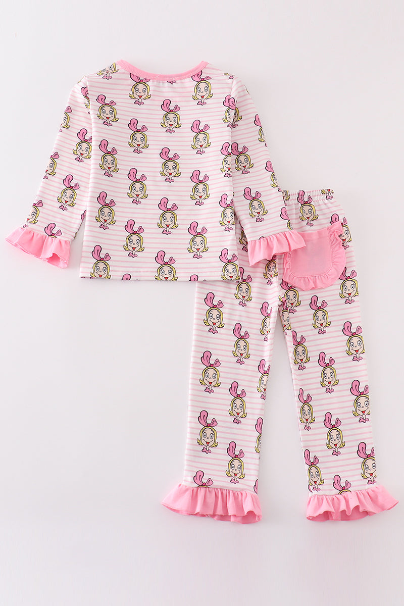 Pink stripe cindy lou who print girl pajamas