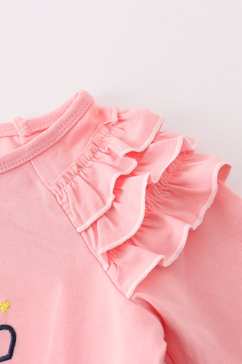 Pink believe embroidery ruffle top