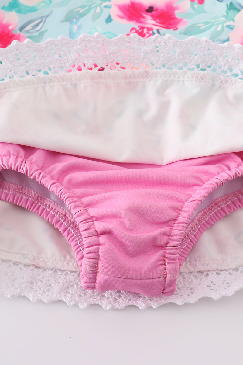 Blushing rose garden print girl one-piece leotard