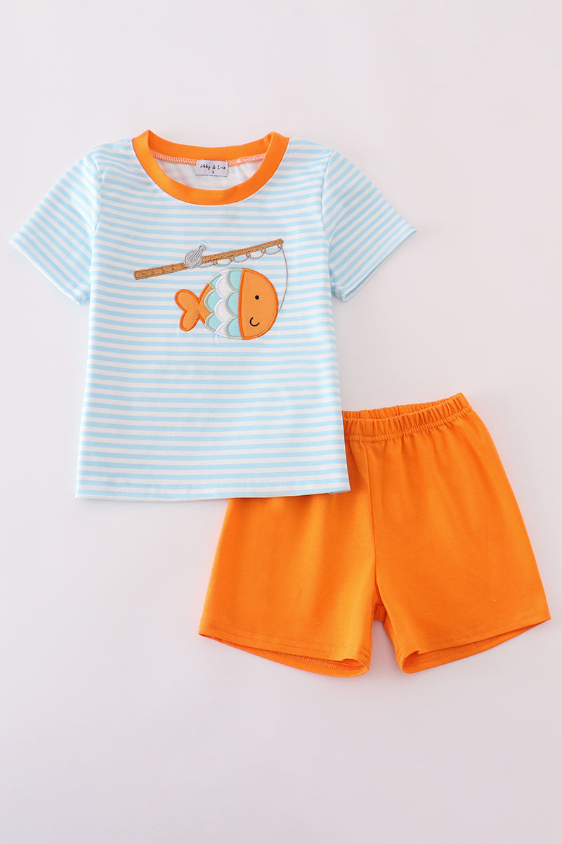 Blue stripe go fishing applique set