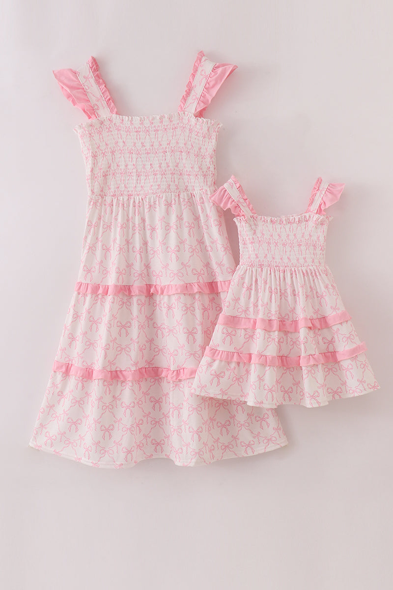 Pink bow smocked mom&me tiered dress