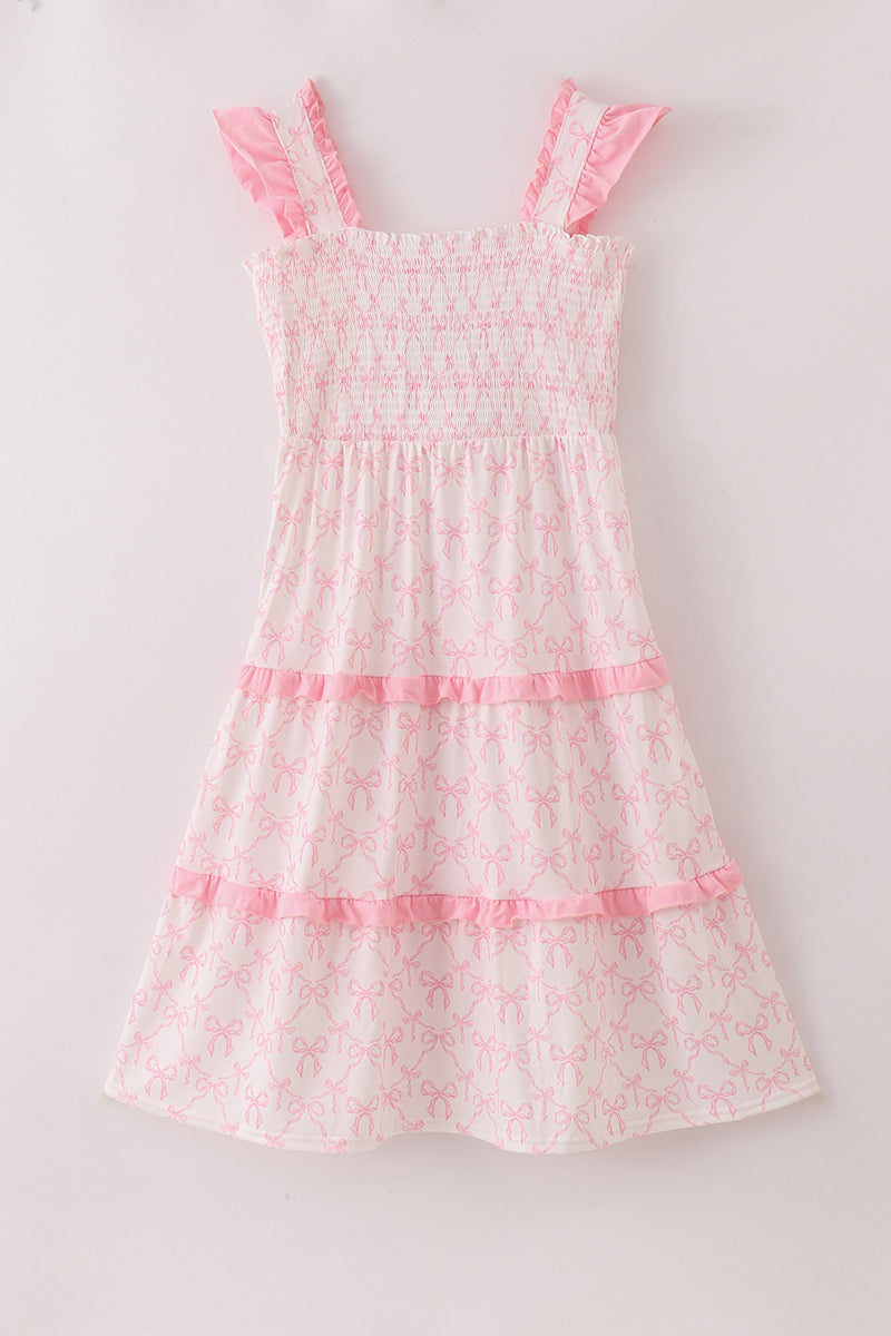 Pink bow smocked mom&me tiered dress