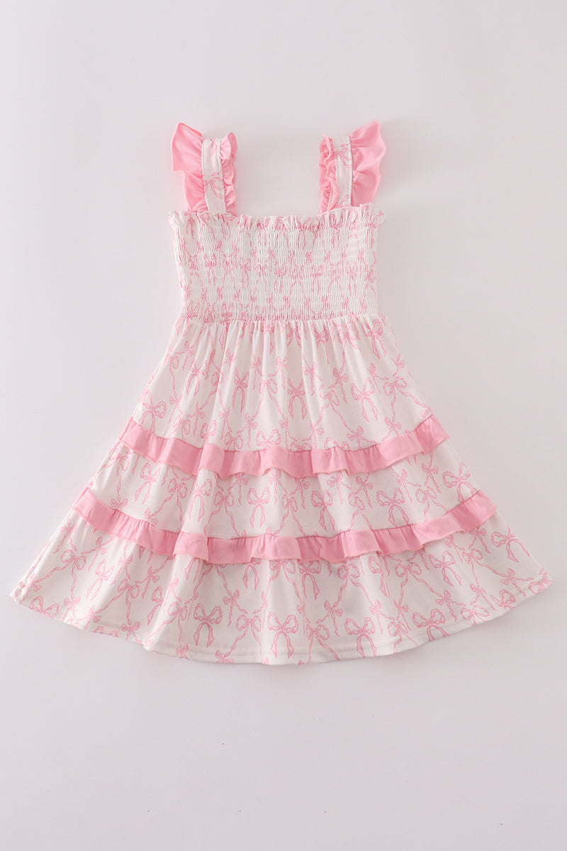 Pink bow smocked mom&me tiered dress