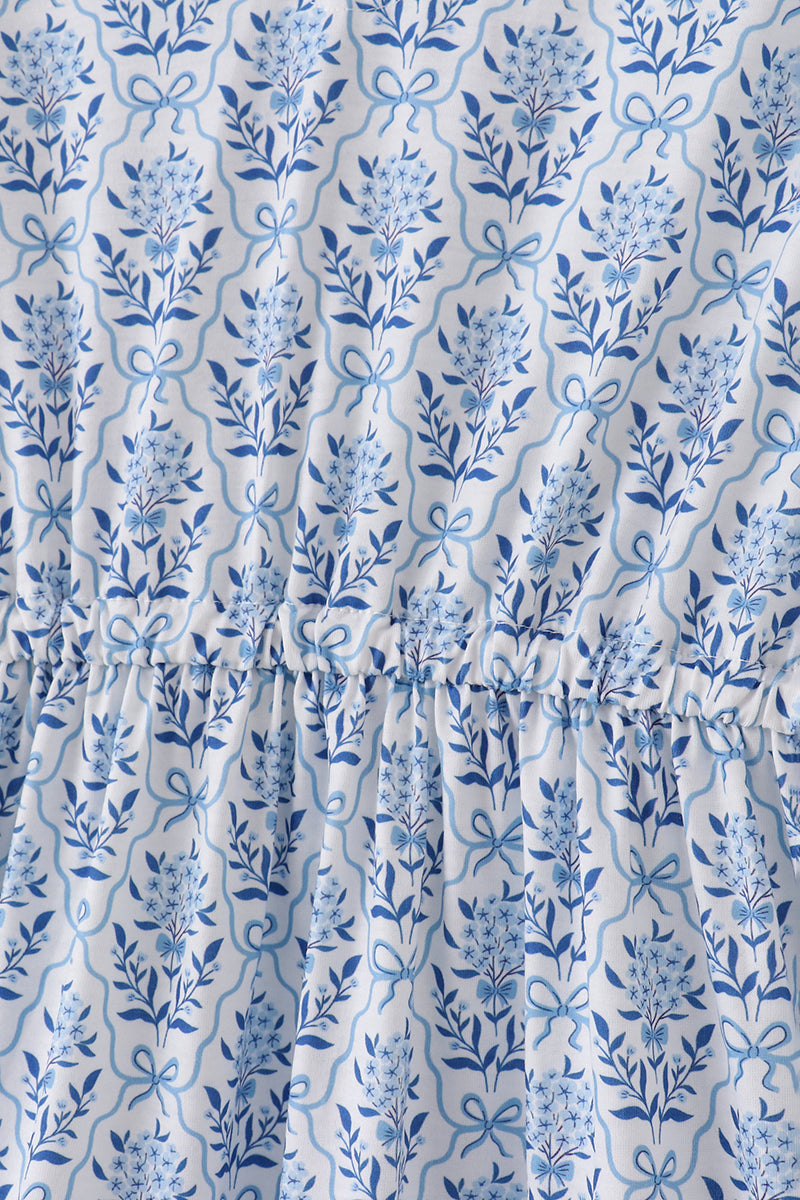 Blue toile garden bow mom tiered dress