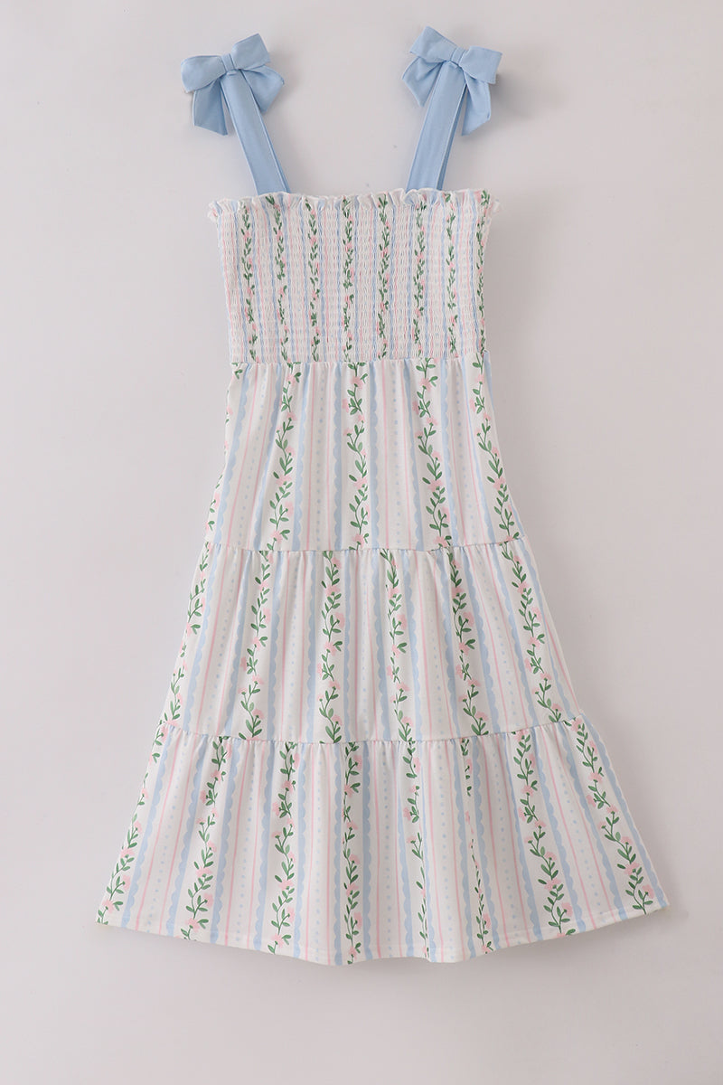 Blue floral print smocked women dress