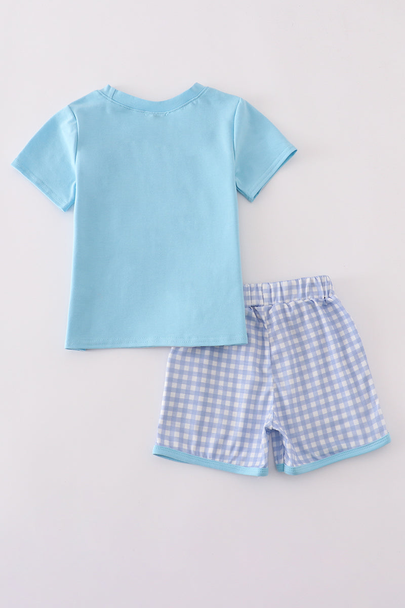 Blue truck fishing applique shorts set