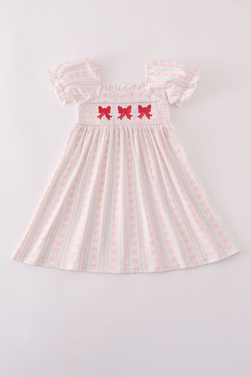 Pink bow embroidery smocked dress