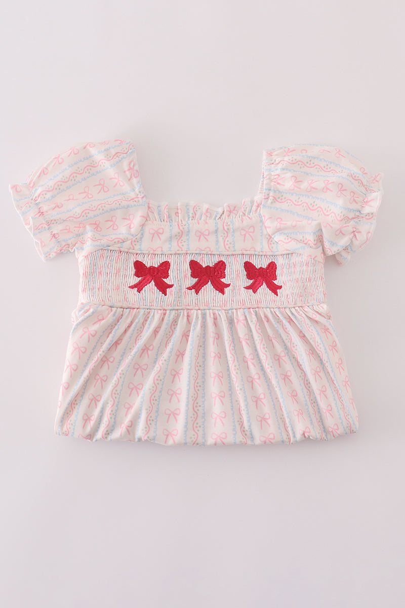 Pink bow embroidery smocked dress