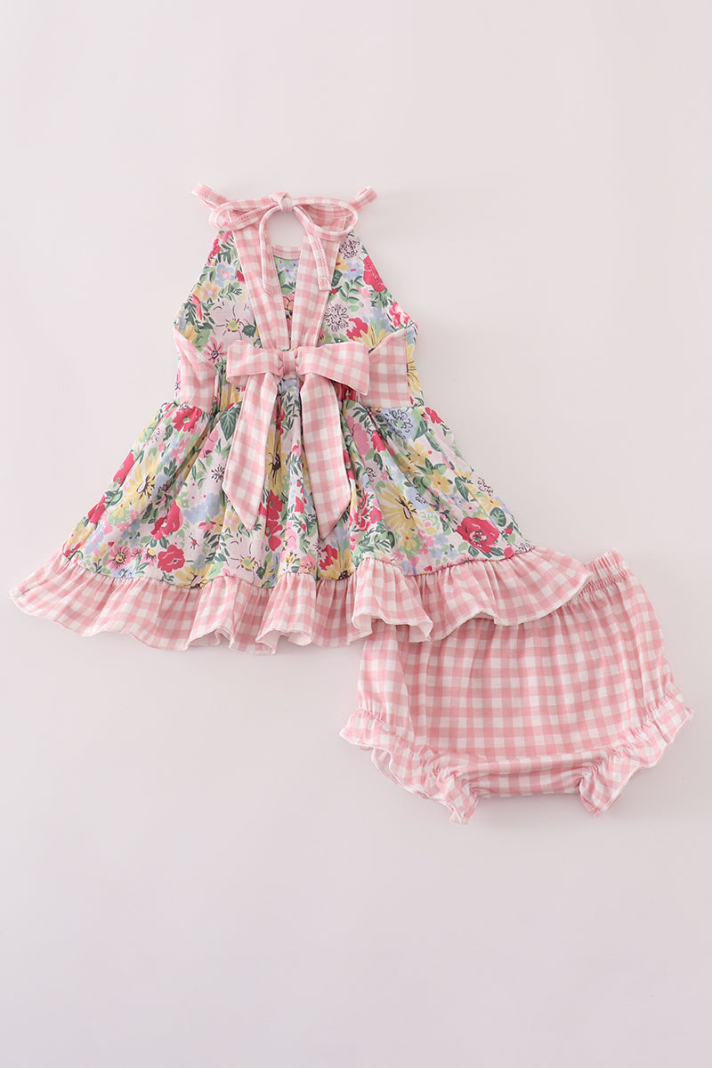 Pink floral bow ruffle bloomer set