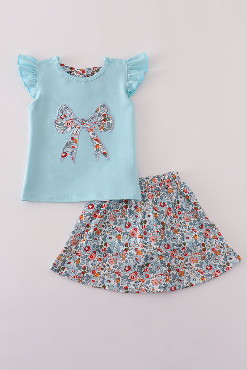 Blue floral bow applique active skorts set