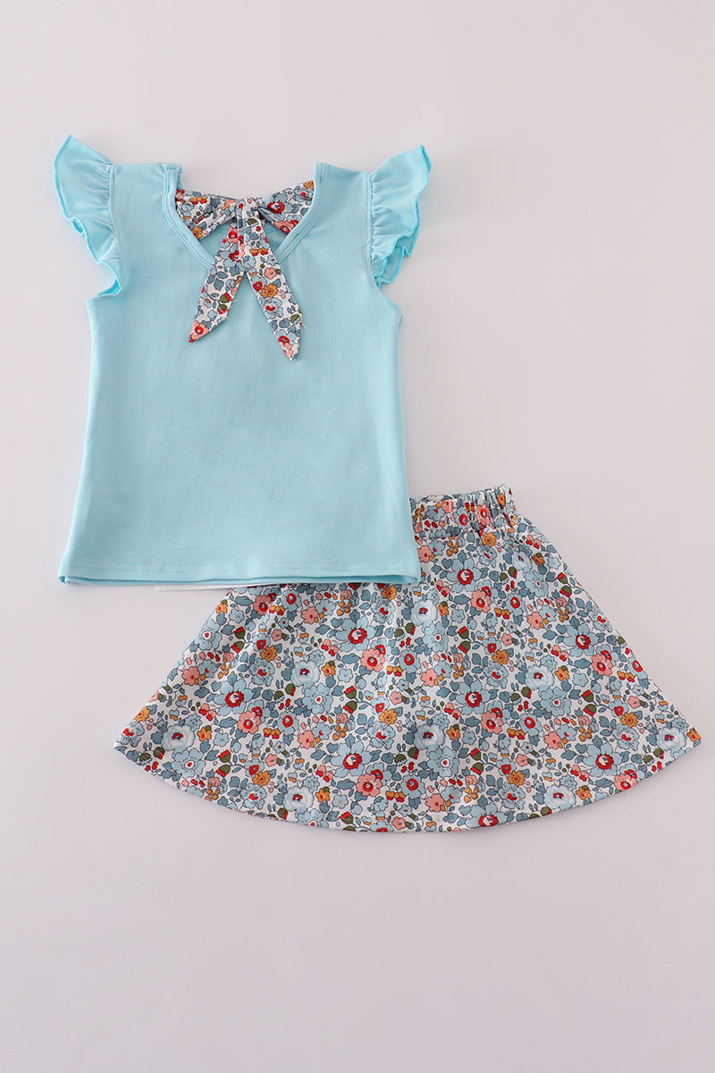 Blue floral bow applique active skorts set