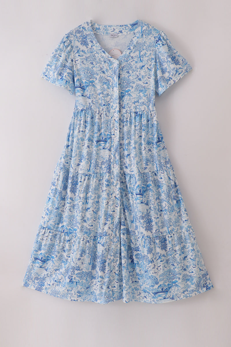 Blue willow toile print mom&me dress