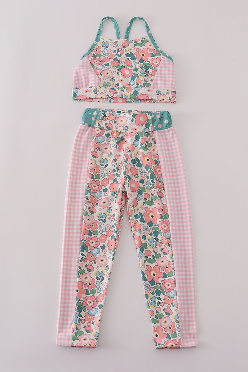 Pink floral print 2pc active tank legging set