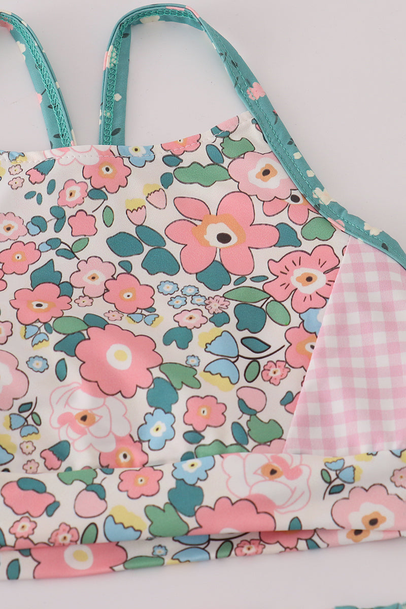 Pink floral print 2pc active tank legging set