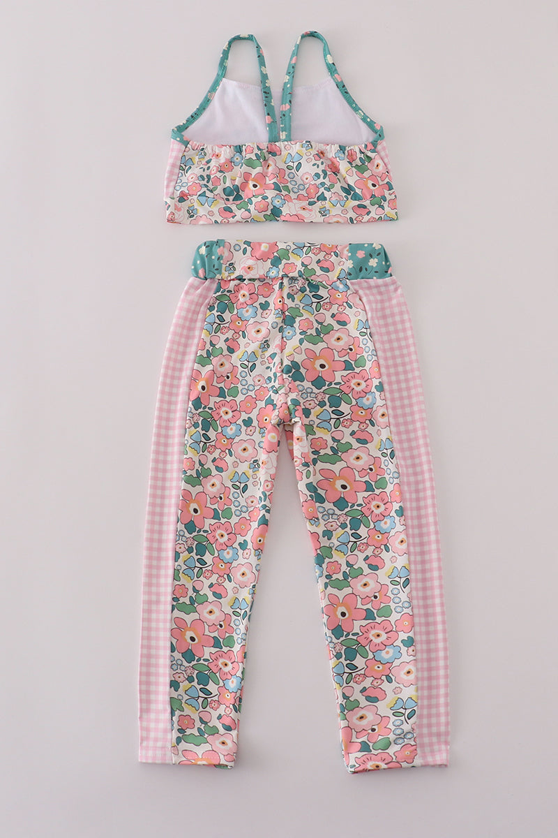 Pink floral print 2pc active tank legging set