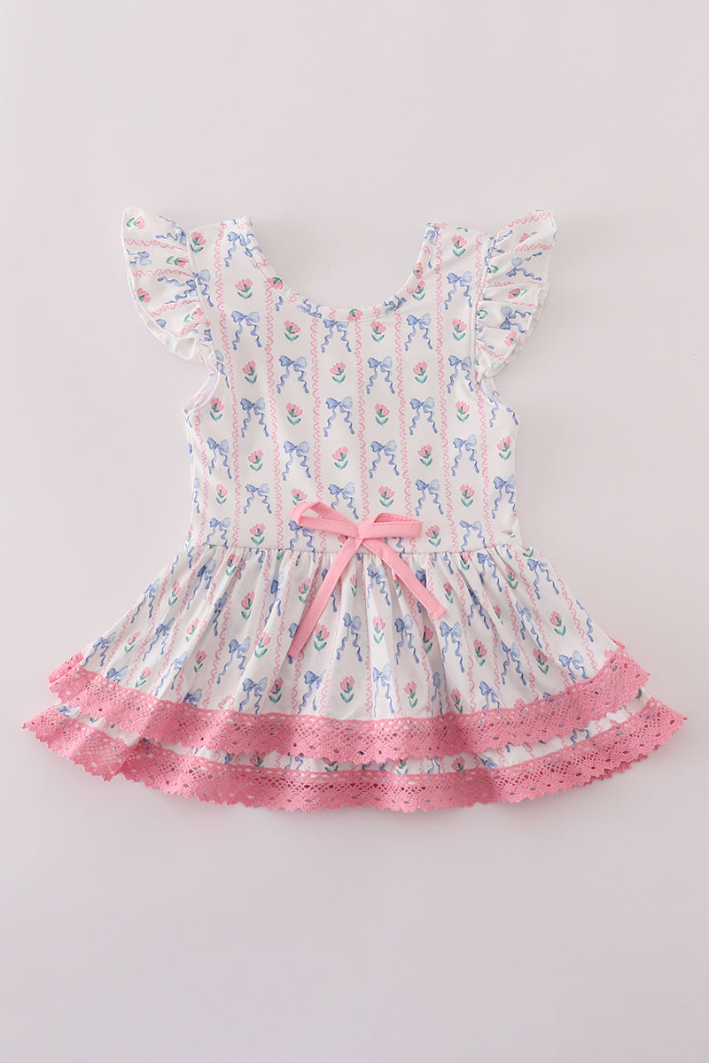 Bow floral lace ruffle leotard