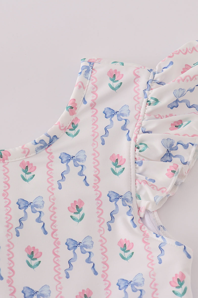 Bow floral lace ruffle leotard