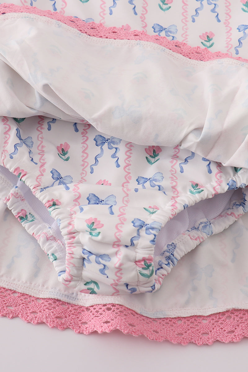 Bow floral lace ruffle leotard