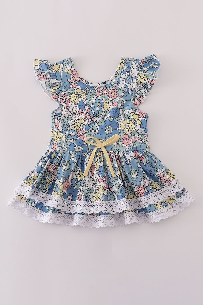 Blue floral lace ruffle leotard