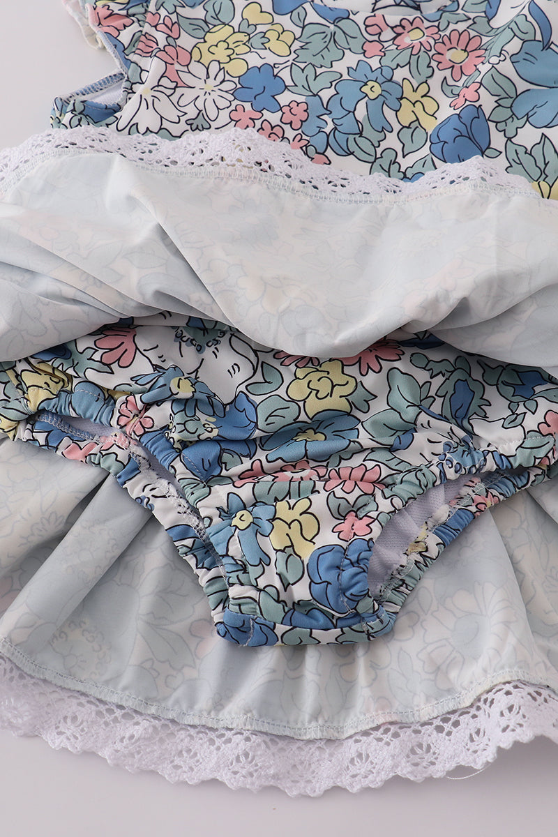 Blue floral lace ruffle leotard