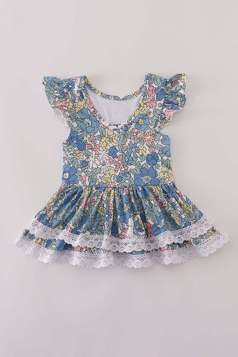 Blue floral lace ruffle leotard