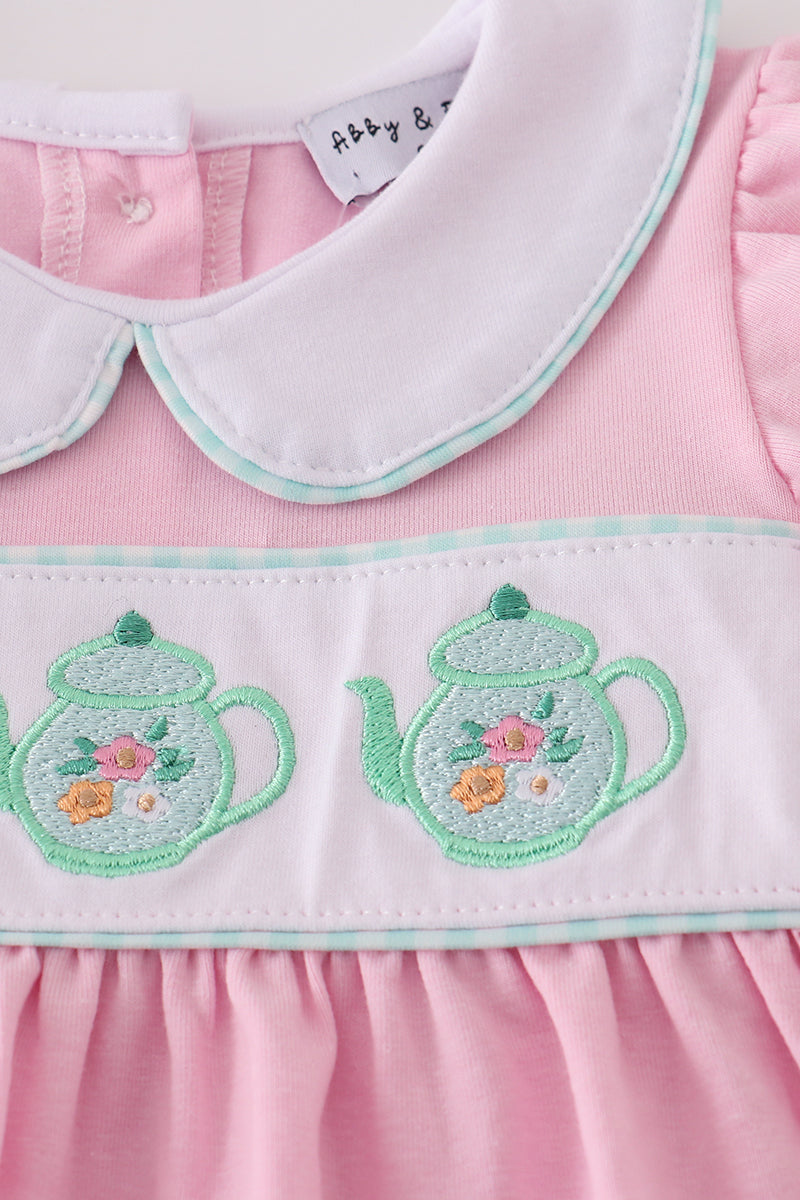 Pink teapot embroidery puff sleeve bloomer set