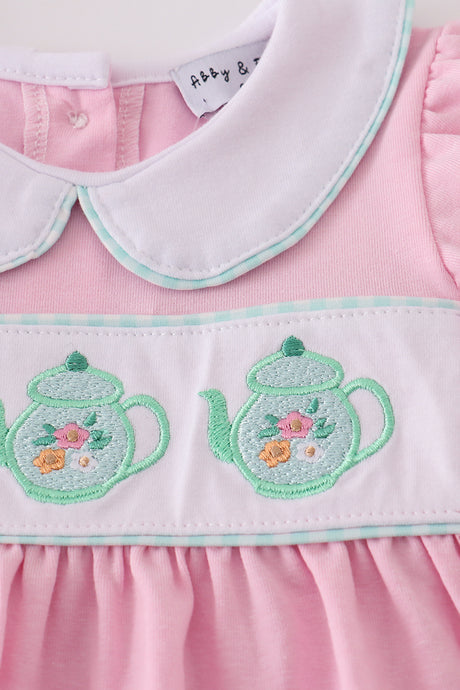 Pink teapot embroidery puff sleeve shorts set