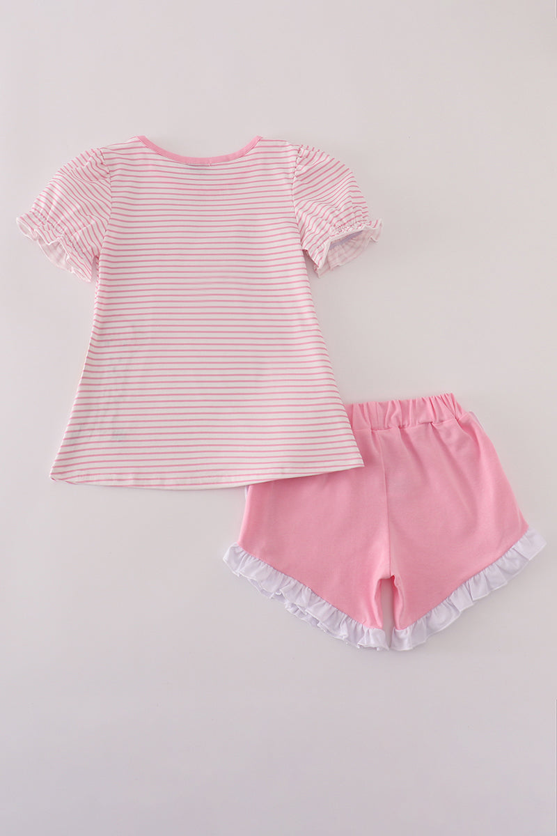 Pink stripe buffalo applique ruffle shorts set