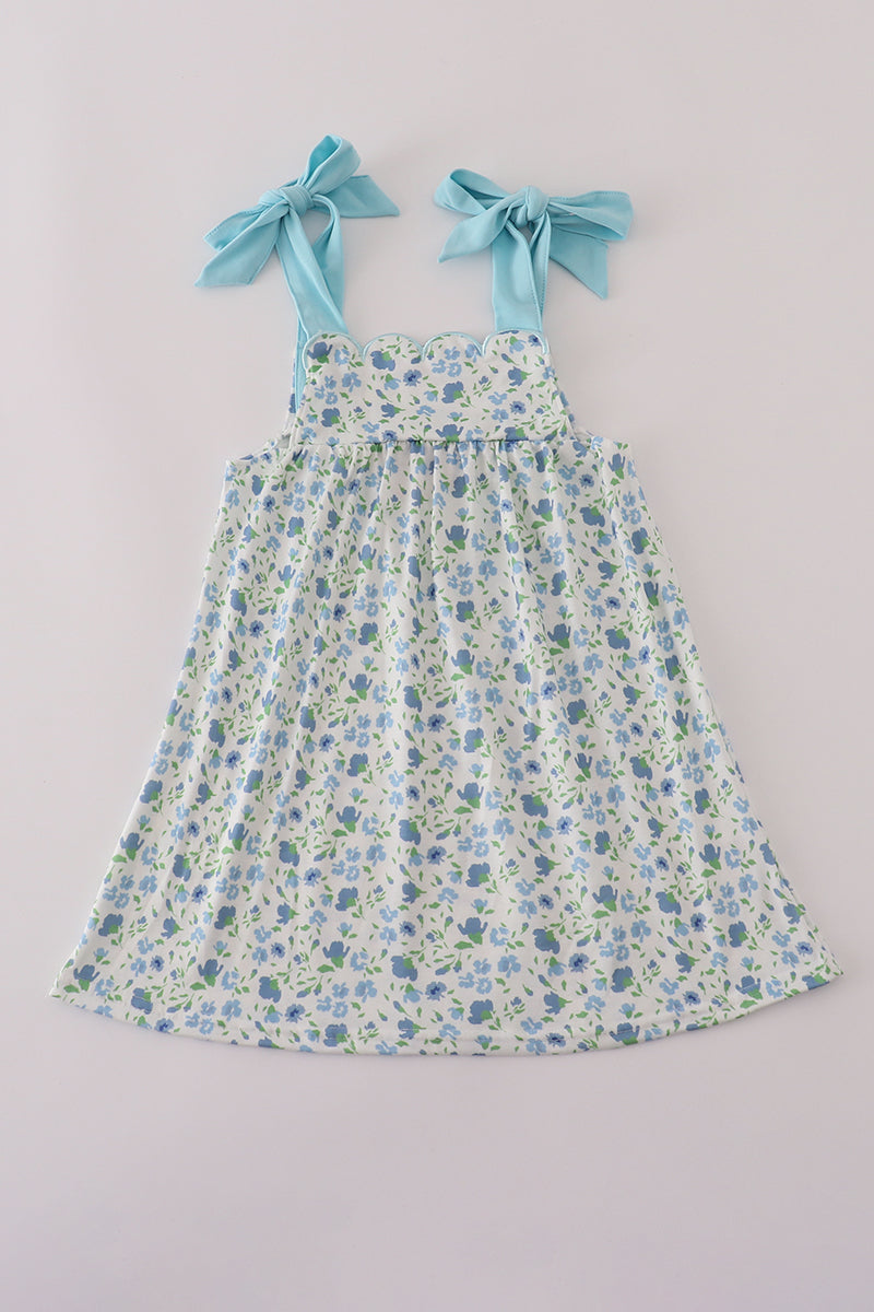 Blue floral print bow dress