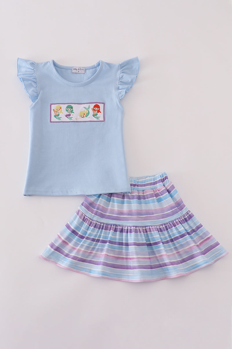 Purple stripe mermaid embroidery skorts set